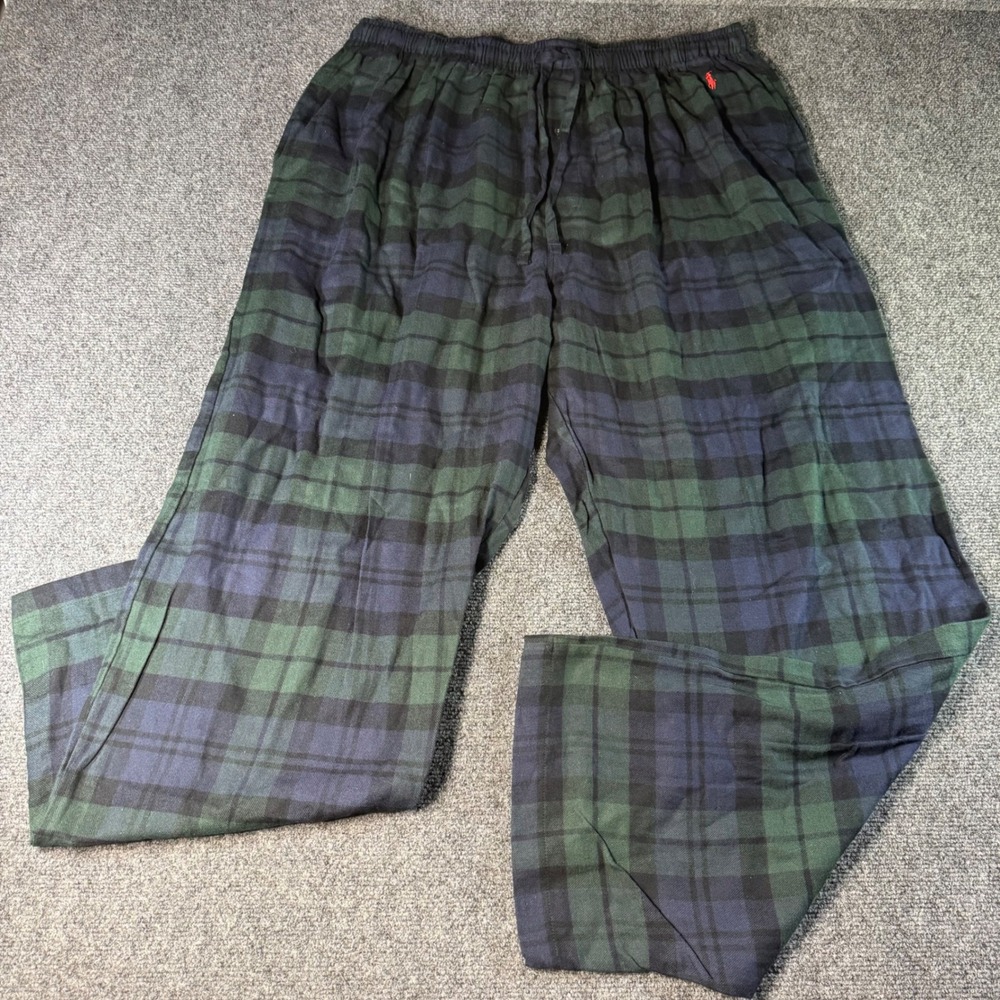 Polo Ralph Lauren Mens XL Black Watch Plaid Pajama Pants Green Navy Blue Cotton
